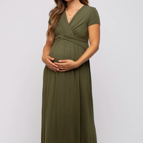 PinkBlush Olive Green Draped Maternity and Nursing Maxi Dress - Picture 1 of 7